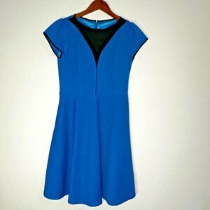 Fit & Flare Womens Dress Medium Blue Royal Black Lining See Thru Front Back Zip